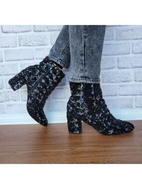 ⭐Womens Black Sequin Ankle Boots Block Heel Round Toe 6 Clubwear Casual Evening